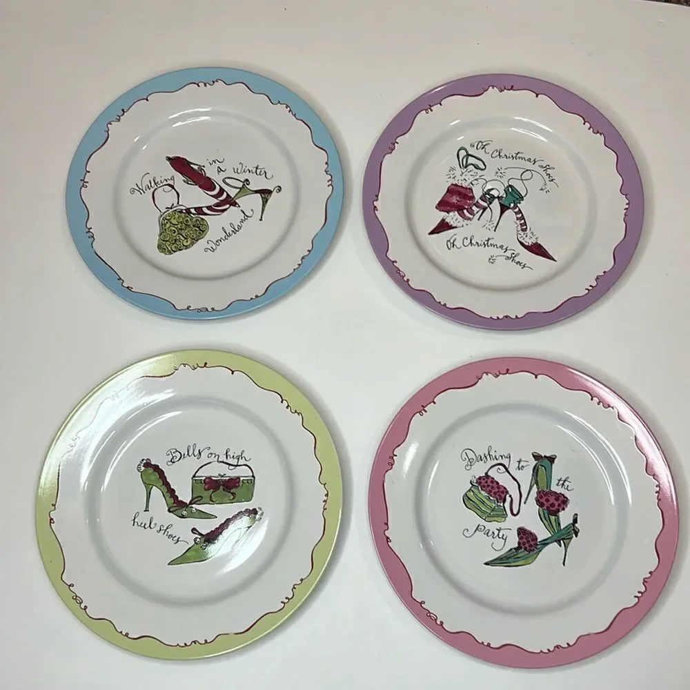 Rosanna Christmas Holiday Shoes Bells Party Salad Dessert Plates 8 1/4 In Set 4